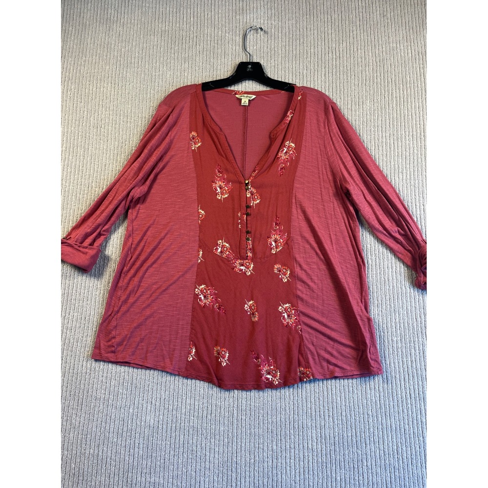 Lucky‎ Brand Womens 1X Pink Floral Mixed Media Roll Tab Sleeve Boho Top